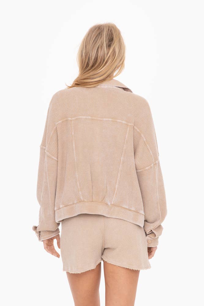 Waffle Knit Mineral-Washed Cropped Jacket