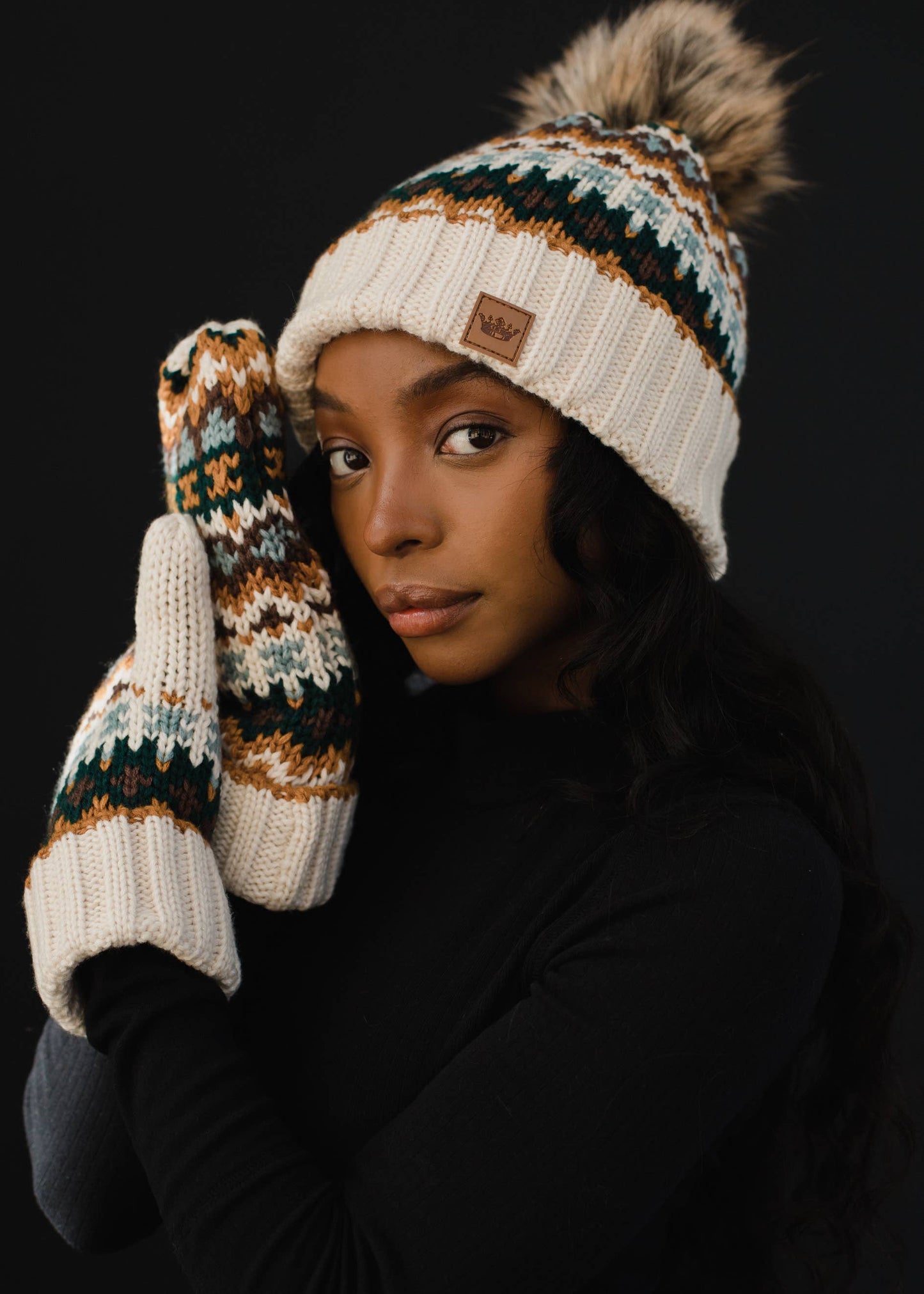 Cream & Multicolored Patterned Mittens