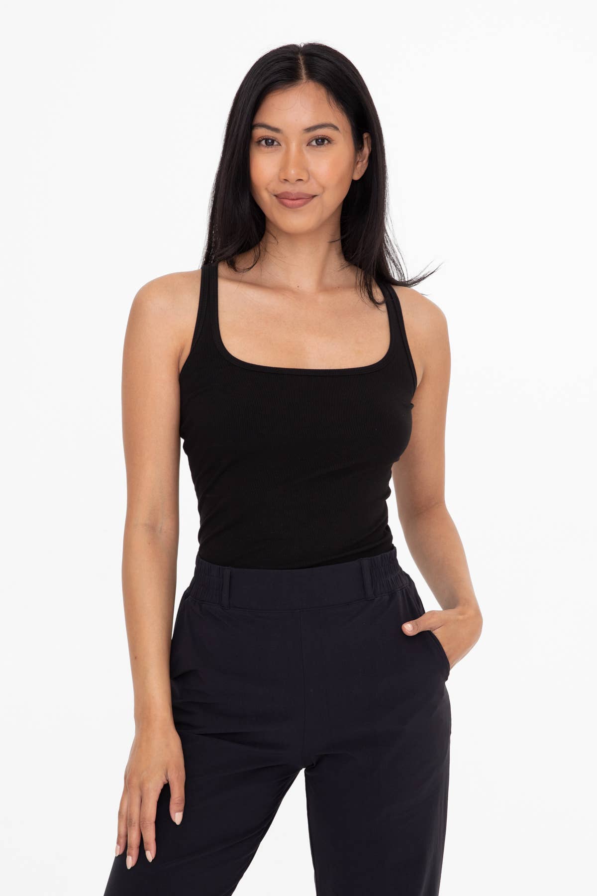 Square Neck Ribbed Tank Top: BLACK