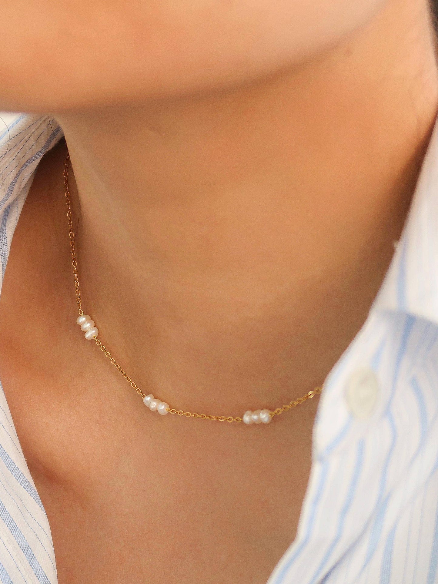 18K Non-Tarnish Petite Pearl Chokers: Yellow Gold / Leilani-Multi Pearl