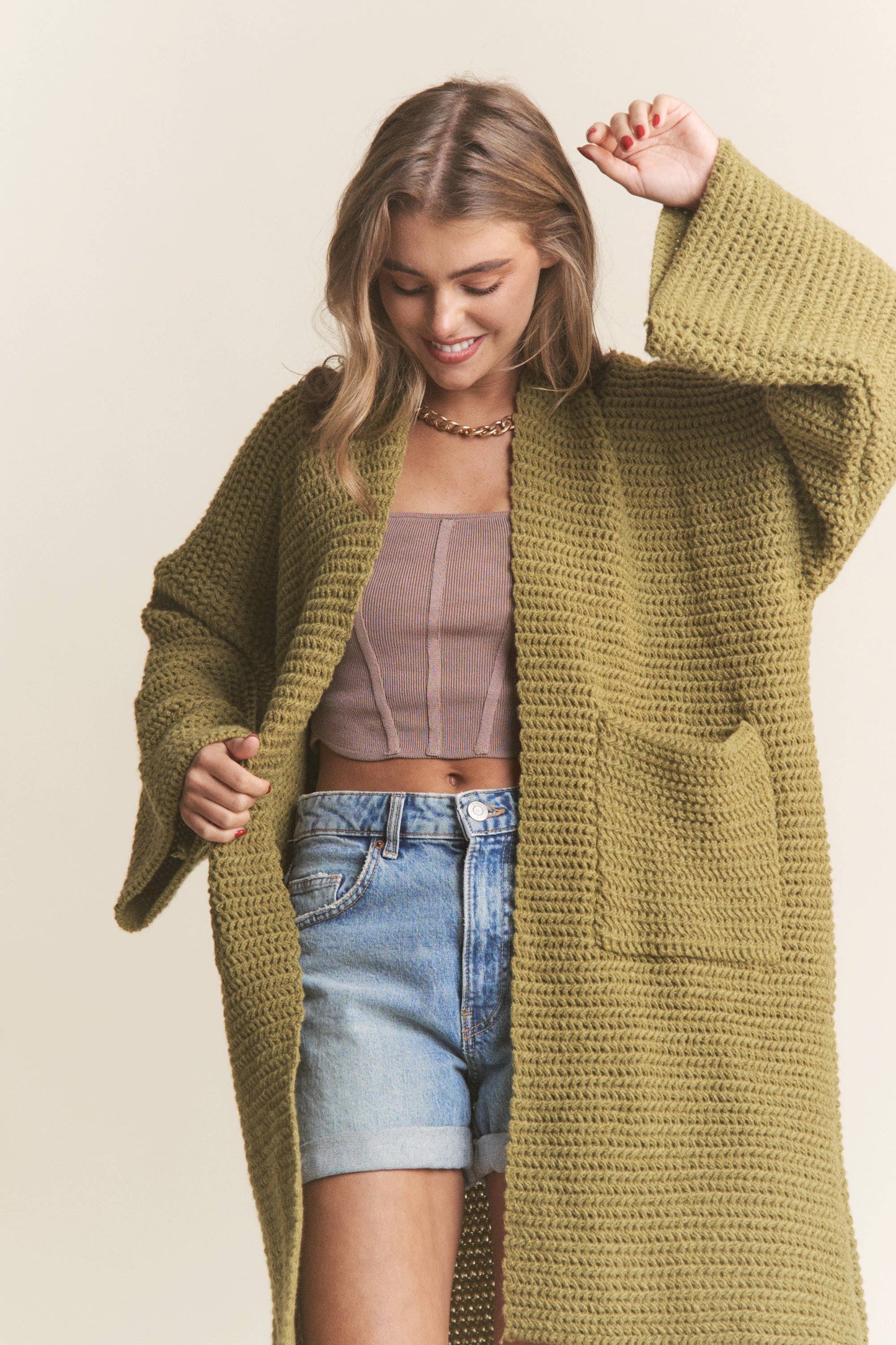 Long Body Cable Knit Open Cardigan: Golden Kiwi