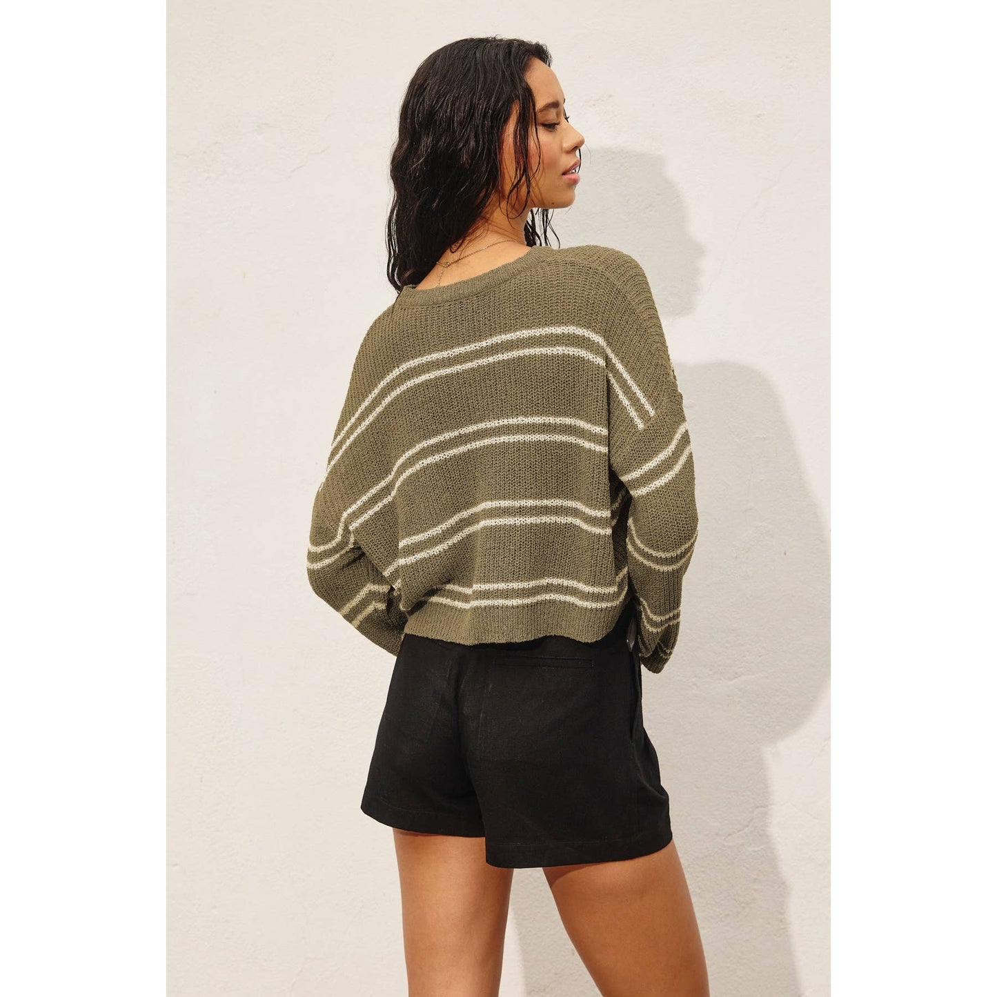 Double Striped Long Sleeve Open Knit Top: