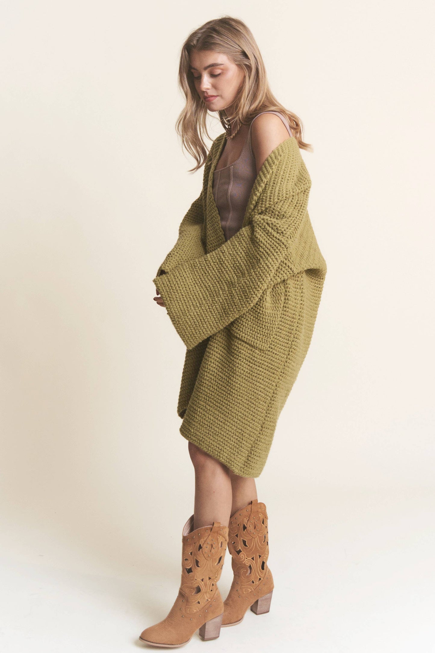 Long Body Cable Knit Open Cardigan: Golden Kiwi