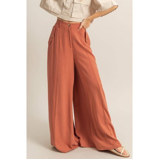 Rory Linen Blended High Waist Pants: TERRACOTTA