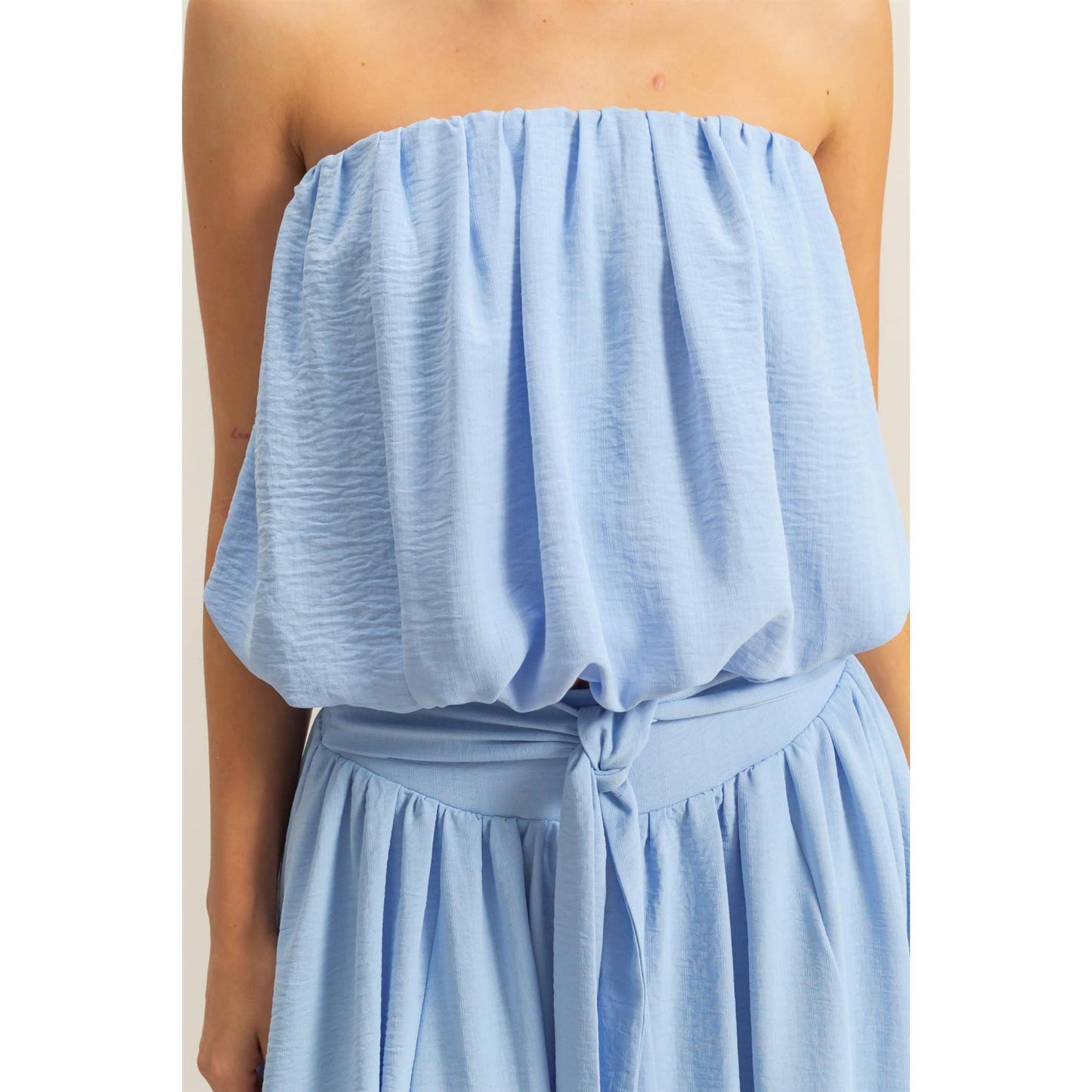 Stassi Strapless Bubble Hem Top: BLUE