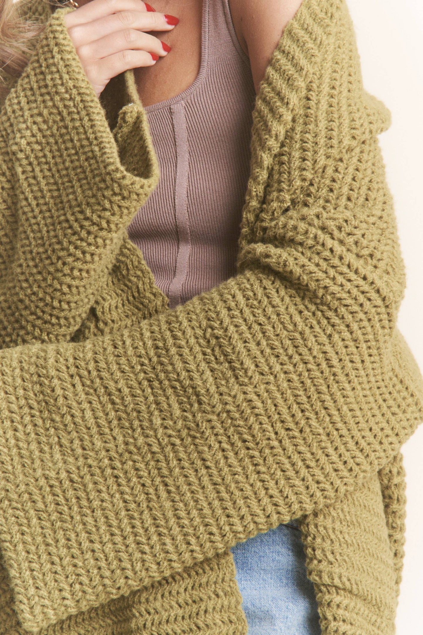 Long Body Cable Knit Open Cardigan: Golden Kiwi