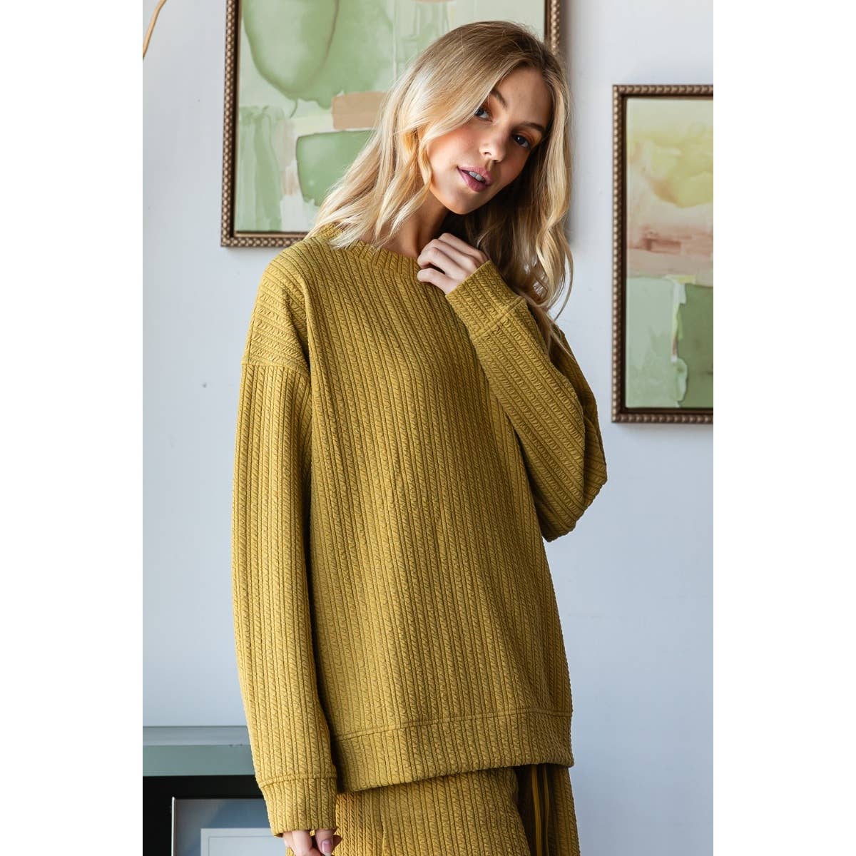 Waffle Textured Knit Long Sleeve Top